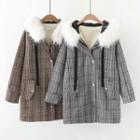 Furry Trim Hooded Plaid Zip Coat