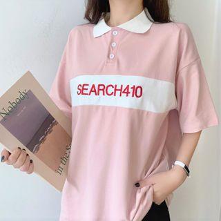 Two-tone Loose-fit Short-sleeve Lettering Polo Shirt
