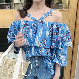 Leaf Printed Off Shoulder Short Sleeve Blouse