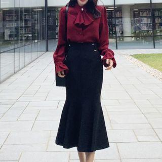 Set: Flared-sleeve Blouse + Ruffle Hem Midi Pencil Skirt