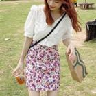 Collared Elbow-sleeve Eyelet Blouse / Floral Print Mini A-line Skirt / Set
