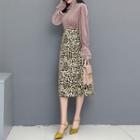 Set: Velvet Blouse + Leopard Pattern A-line Skirt