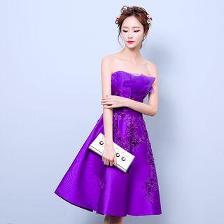 Floral Embroidered Strapless Midi Cocktail Dress