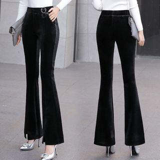 Plain Slim-fit Velvet Boot-cut Pants