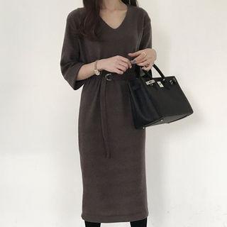 V-neck Long Fleece Dress With Belt