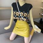 Plain Long-sleeve Knit Top / Flower Print Knit Vest / Mini A-line Skirt