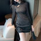 Mandarin Collar Drawstring Mini Sheath Dress (various Designs)
