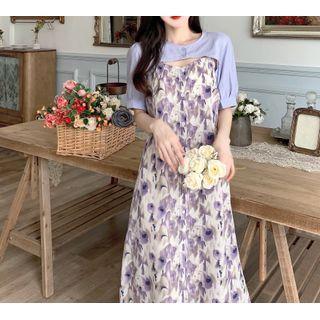 Set: Spaghetti Strap Floral Print Midi A-line Dress + Short-sleeve Cropped Blouse