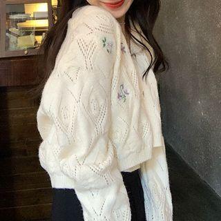 Set: Flower Embroidered Pointelle Knit Cardigan + Camisole Top