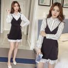Set : Pinstripe Long-sleeve Blouse + Spaghetti Strap Dress
