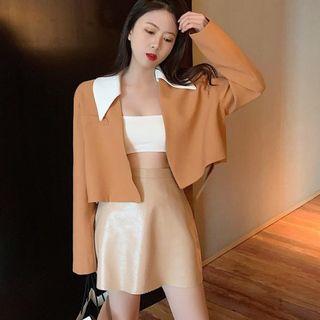 Set: Two-tone Open Front Jacket + Mini A-line Skirt