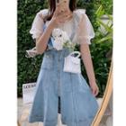 Set: Dotted Balloon-sleeve Ruffled Mesh Blouse + Washed Denim Jumper Skirt