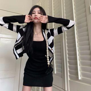 Plain Skinny Mini Dress With Striped Cardigan