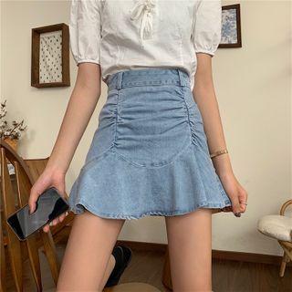 Shirred A-line Denim Skirt