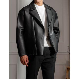 Asymmetric-zip Oversized Pleather Jacket Black - One Size