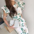 Ruffle-sleeve Floral Sheath Dress