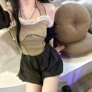 Halter Frill Trim Tank Top / Puffy Shorts