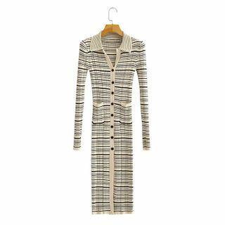 Long-sleeve Lapel Striped Knit Dress