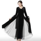 Long-sleeve Mesh-panel Velvet Dress