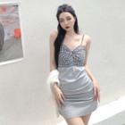 Spaghetti Strap Plaid Panel Mini Bodycon Dress / Cardigan