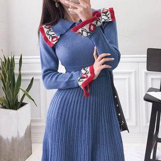 Collard Long-sleeve Knitted A-line Dress Blue - One Size