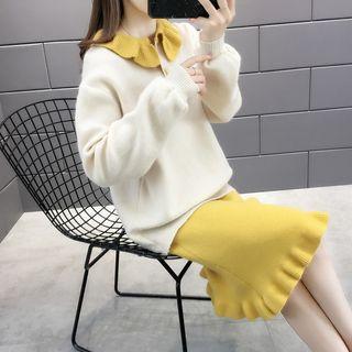 Set: Collared Sweater + Ruffle Hem Knit Midi A-line Skirt
