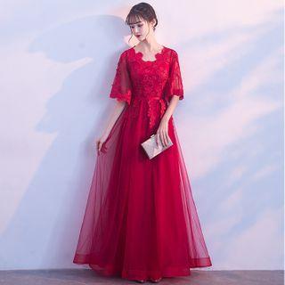 Lace Elbow-sleeve Sheath Evening Gown