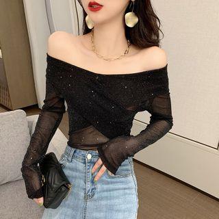 Off-shoulder Long-sleeve Mesh Top Black - One Size