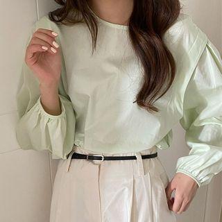 Plain Lantern-sleeve Blouse Light Green - One Size