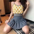 Color-block Knit Camisole Top / Pleated Skirt