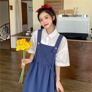 Short-sleeve Plain Shirt / Loose-fit Overall Dress