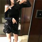 Rhinestone Long-sleeve Velvet Slim-fit Top / Dot Skirt