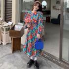 Long-sleeve Floral A-line Dress Red & Green & Brown Flowers - Blue - One Size