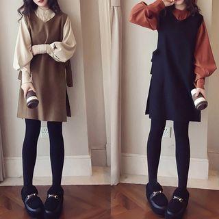 Set: Balloon-sleeve Blouse + V-neck Tie-side Vest