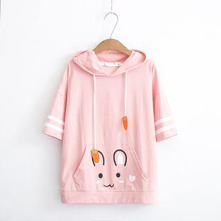 Cartoon Print Hooded Elbow-sleeve T-shirt