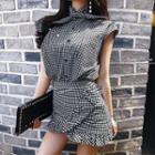 Set: Cap-sleeve Gingham Blouse + Skort
