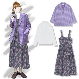 Mock Neck Long-sleeve T-shirt / Floral Strappy Midi A-line Dress / Plaid Blazer