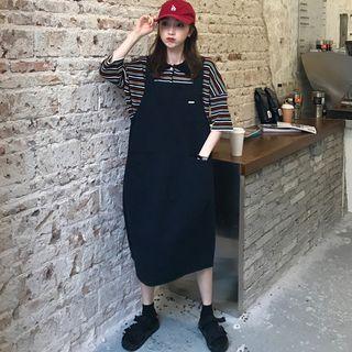 3/4-sleeve Striped Knit Polo Shirt / Midi Cargo Dungaree Dress