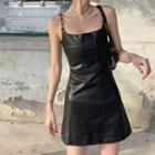 Chain Strap Faux Leather A-line Dress