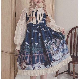 Sleeveless Print A-line Dress / Long-sleeve Top / Set