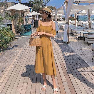 Cutout-shoulder Tie-back Split Hem Midi Dress