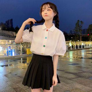 Puff-sleeve Flower Button Shirt