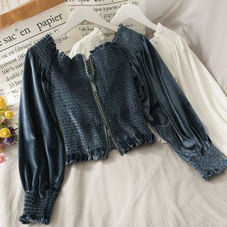 Boatneck Rhinestone-zipper Smocked Velvet Top In 5 Colors