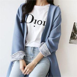 Open-front Lace-cuff Long Cardigan