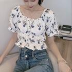 Puff-sleeve Floral Chiffon Crop Top As Shown In Figure - One Size
