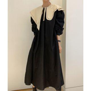 Layered Collar Long-sleeve Midi A-line Dress Black - One Size