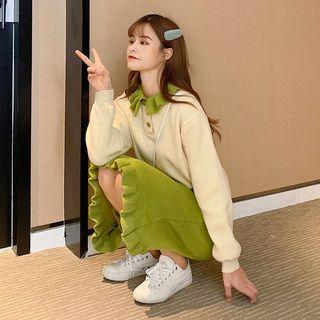 Set: Collared Sweater + Ruffle Trim High-waist Knit A-line Skirt