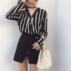 Long-sleeve V-neck Striped Shirt