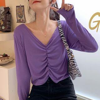 Long-sleeve Ruched V-neck Cropped Knit Top