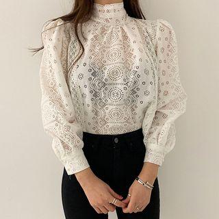 High-neck Plain Hollow Lace Blouse